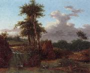 A Wooded landscape with an artist sketching at the base of a waterfall,anmals drinking in a pool nearby, unknow artist